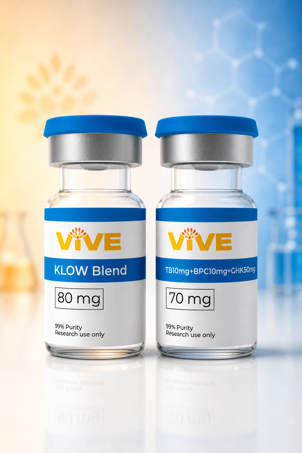 Two intertwining peptide molecular chains in amber and blue — synergistic blend formulation