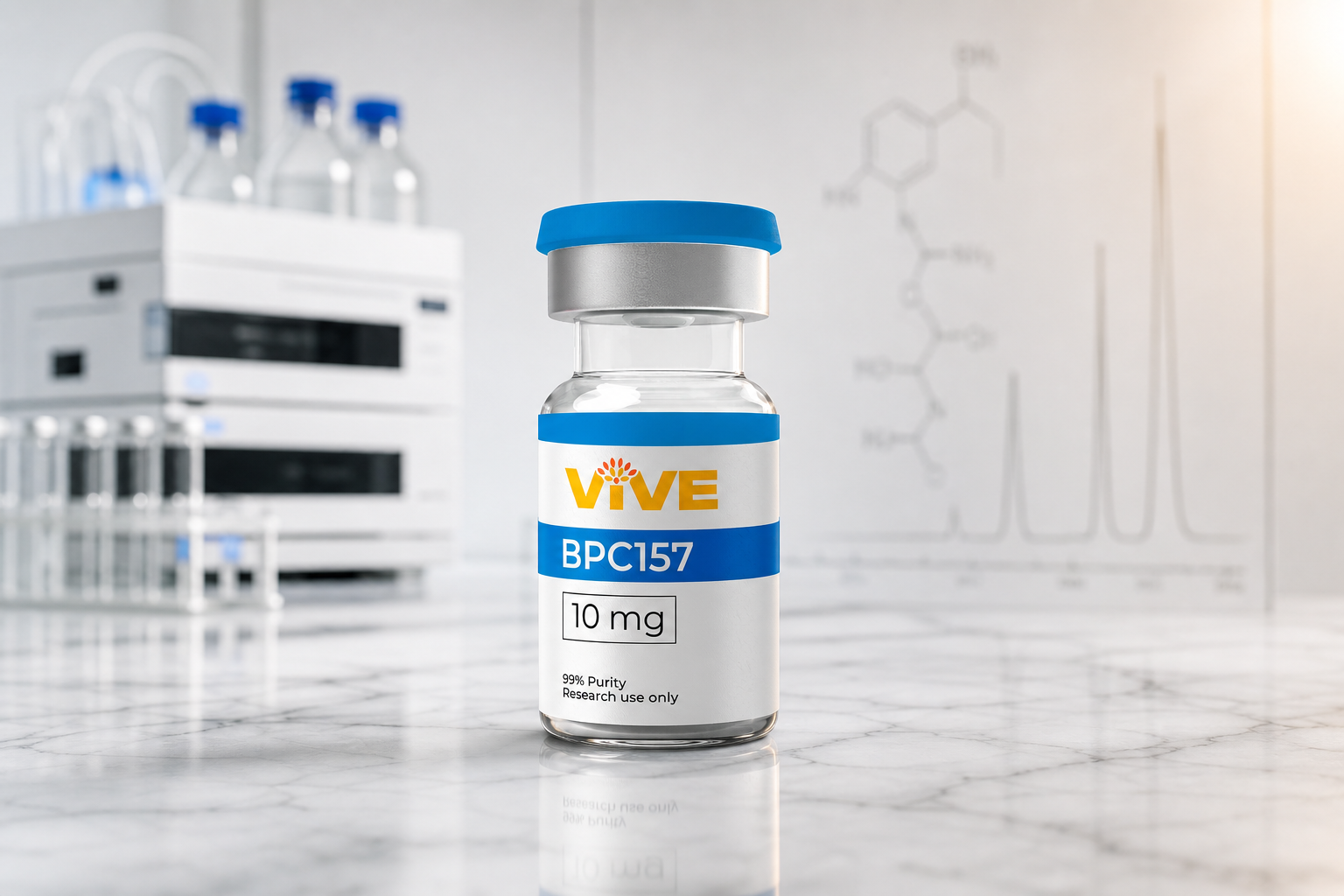 Single research peptide vial on a polished white lab bench with faint HPLC chromatogram lines — purity macro composition