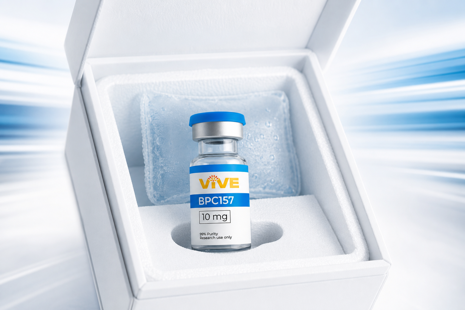 Vive Peptides BPC157 10mg research vial nestled in a white insulated cold-chain shipping box with a frosted gel pack — fast, temperature-controlled delivery