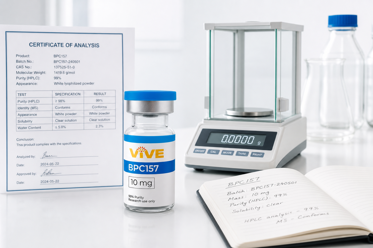 Certificate of Analysis document beside an analytical balance and research peptide vial — independent third-party lab testing scene