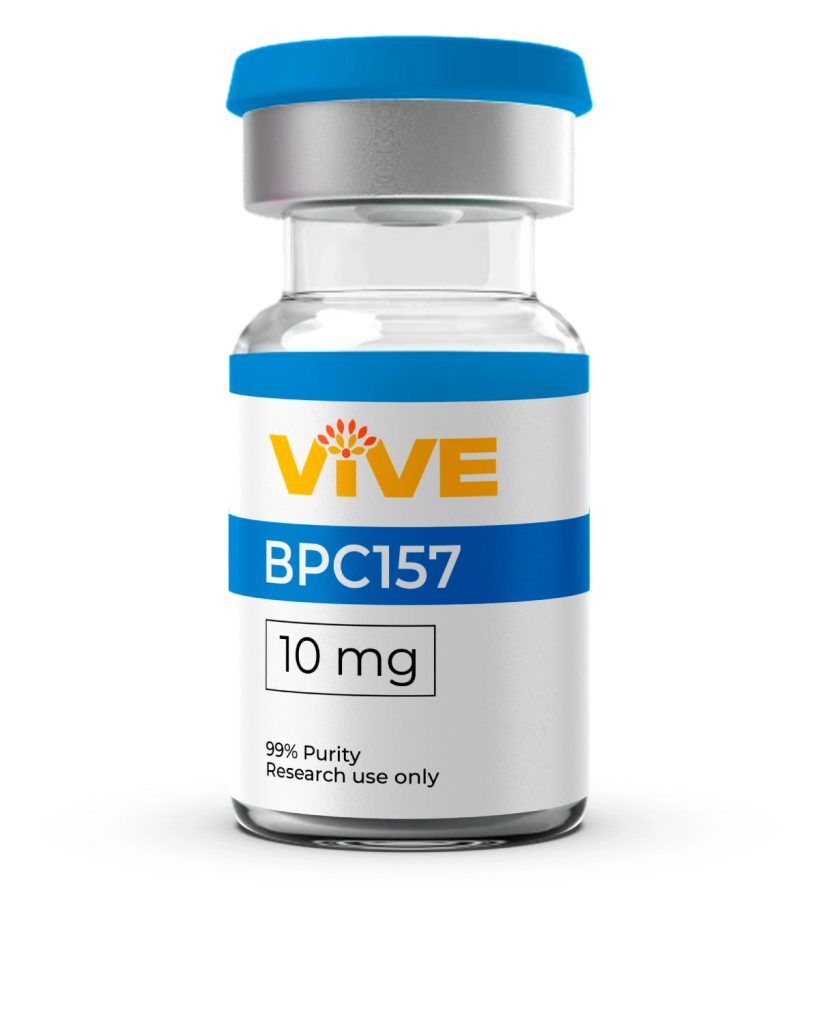VivePeptides BPC-157 peptide vial, 10 mg, labeled for research use only, showcasing 99% purity.