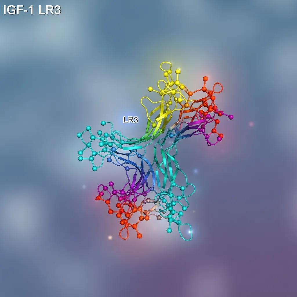 3D molecular model of IGF-1 LR3 highlighting its biochemical structure and modifications