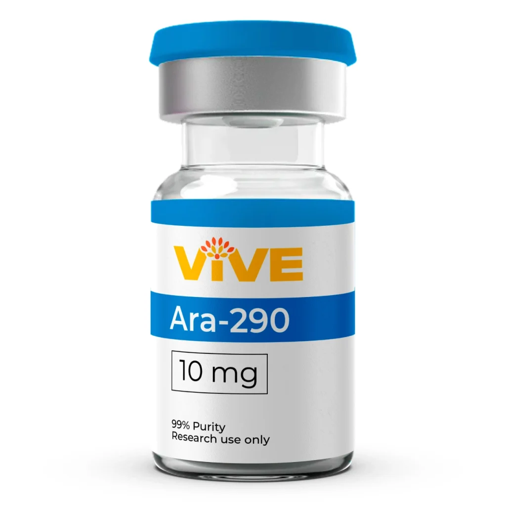 Vive ARA-290 peptide vial, 10 mg, labeled with 99% purity, research use only, showcasing a clear glass container with a blue cap and branding.