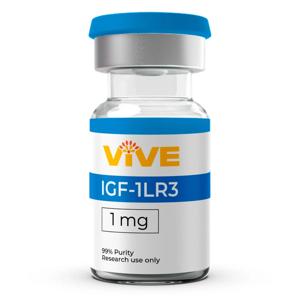 IGF-1LR3 peptide vial from VivePeptides, labeled with 99% purity and research use only, showcasing 1 mg dosage.