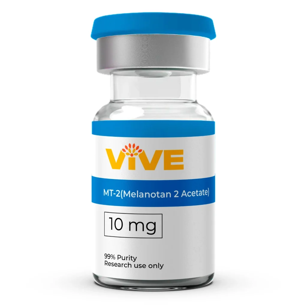 VivePeptides MT-2 (Melanotan 2 Acetate) 10mg vial, featuring 99% purity label and research use only indication.