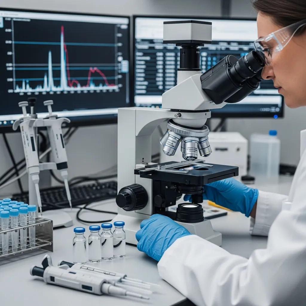 Close-up of peptide purity testing in a lab with a scientist analyzing samples