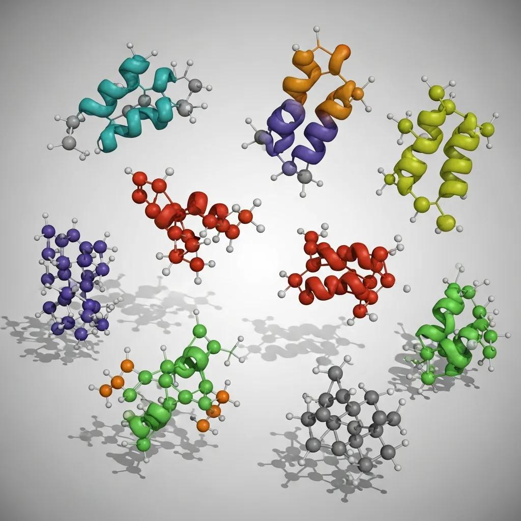 Colorful molecular models of peptides in KLOW Blend, illustrating their complex structures and interactions