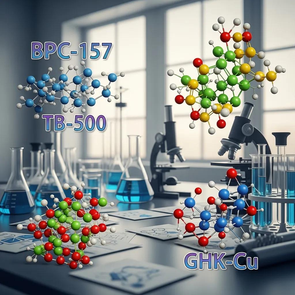 Molecular structures of BPC-157, TB-500, and GHK-Cu illustrating their properties in a research context