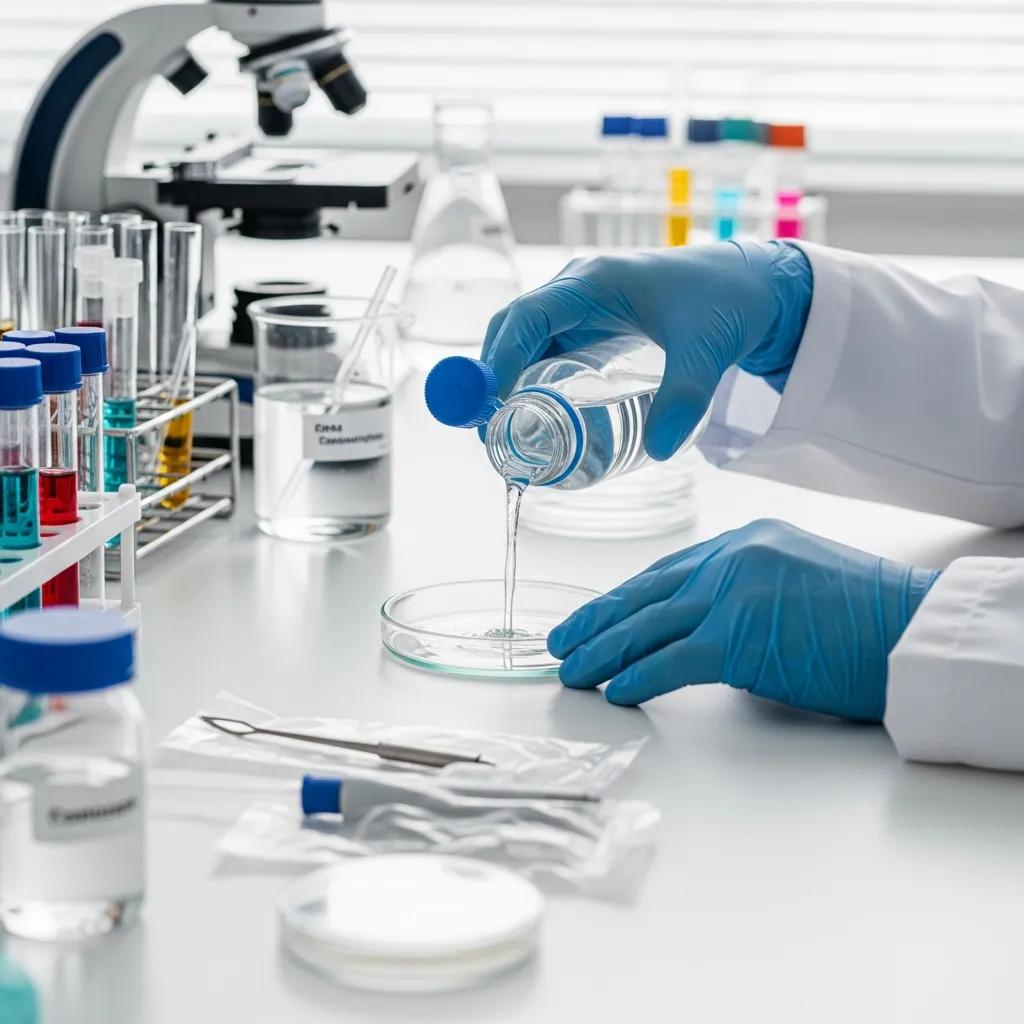 Researcher using sterile water in a laboratory experiment