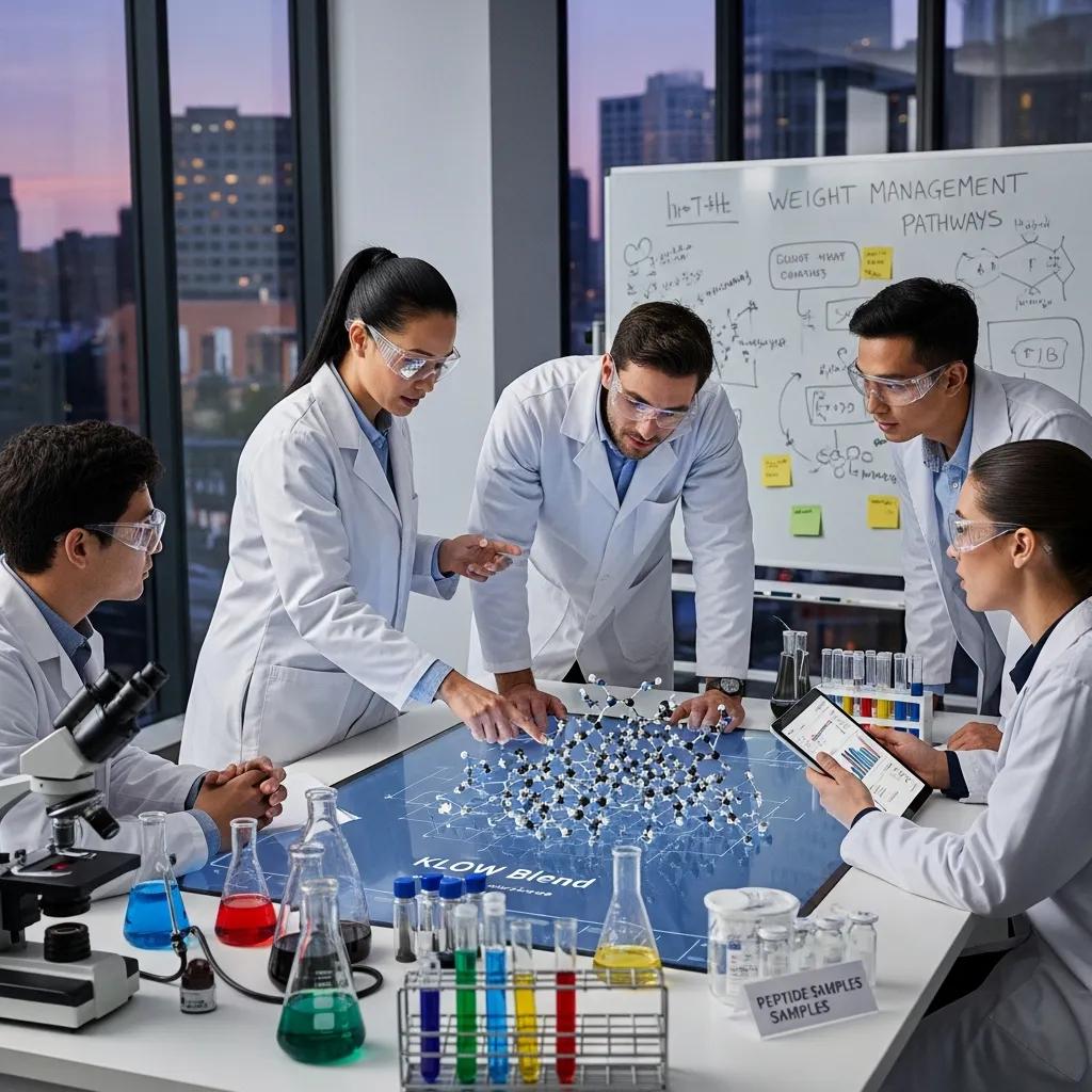 Researchers collaborating in a lab on KLOW Blend applications for weight management studies