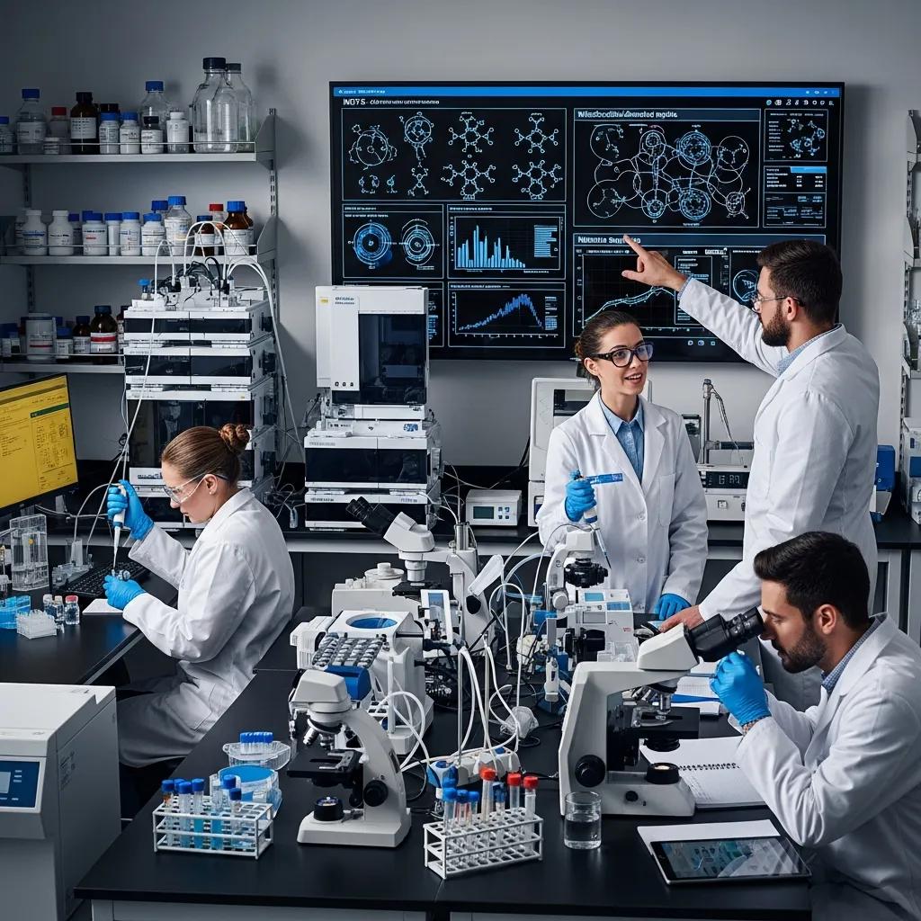 Researchers collaborating on MOTS-c peptide studies in a laboratory