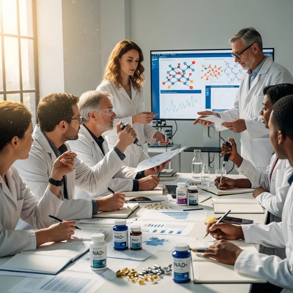 Researchers discussing NAD+ supplementation benefits in a laboratory setting