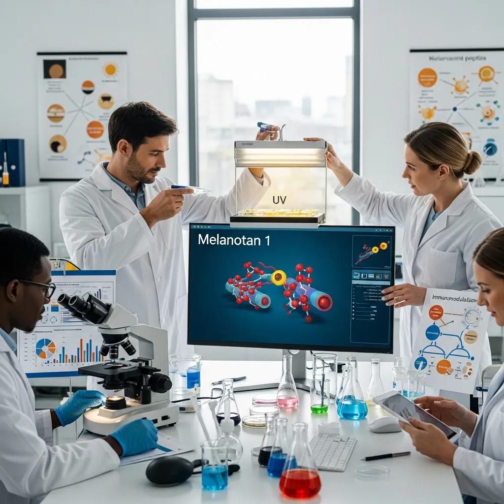 Scientists collaborating on research applications of Melanotan 1 peptide