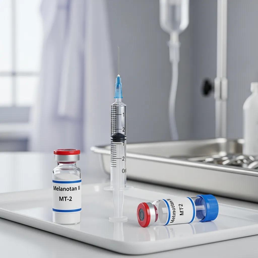 Syringe and vials of Melanotan 2 on a sterile surface, emphasizing dosage protocols