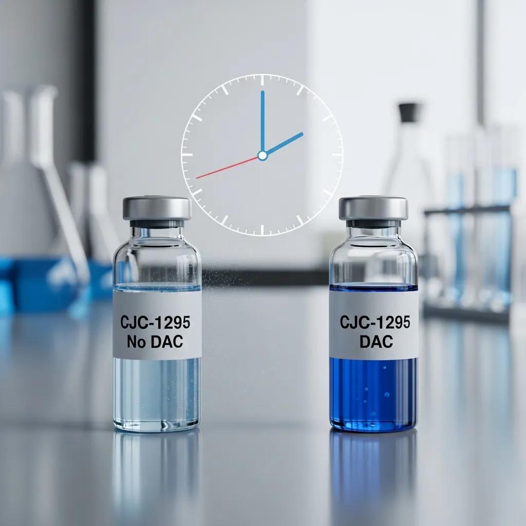 Visual representation of CJC-1295 No DAC and DAC half-life comparison with vials and a clock