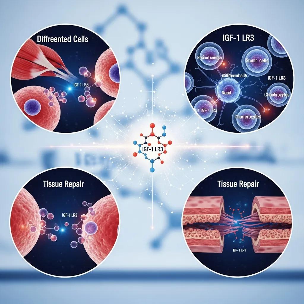 Visual representation of IGF-1 LR3 applications in muscle biology, stem cell research, and regenerative medicine