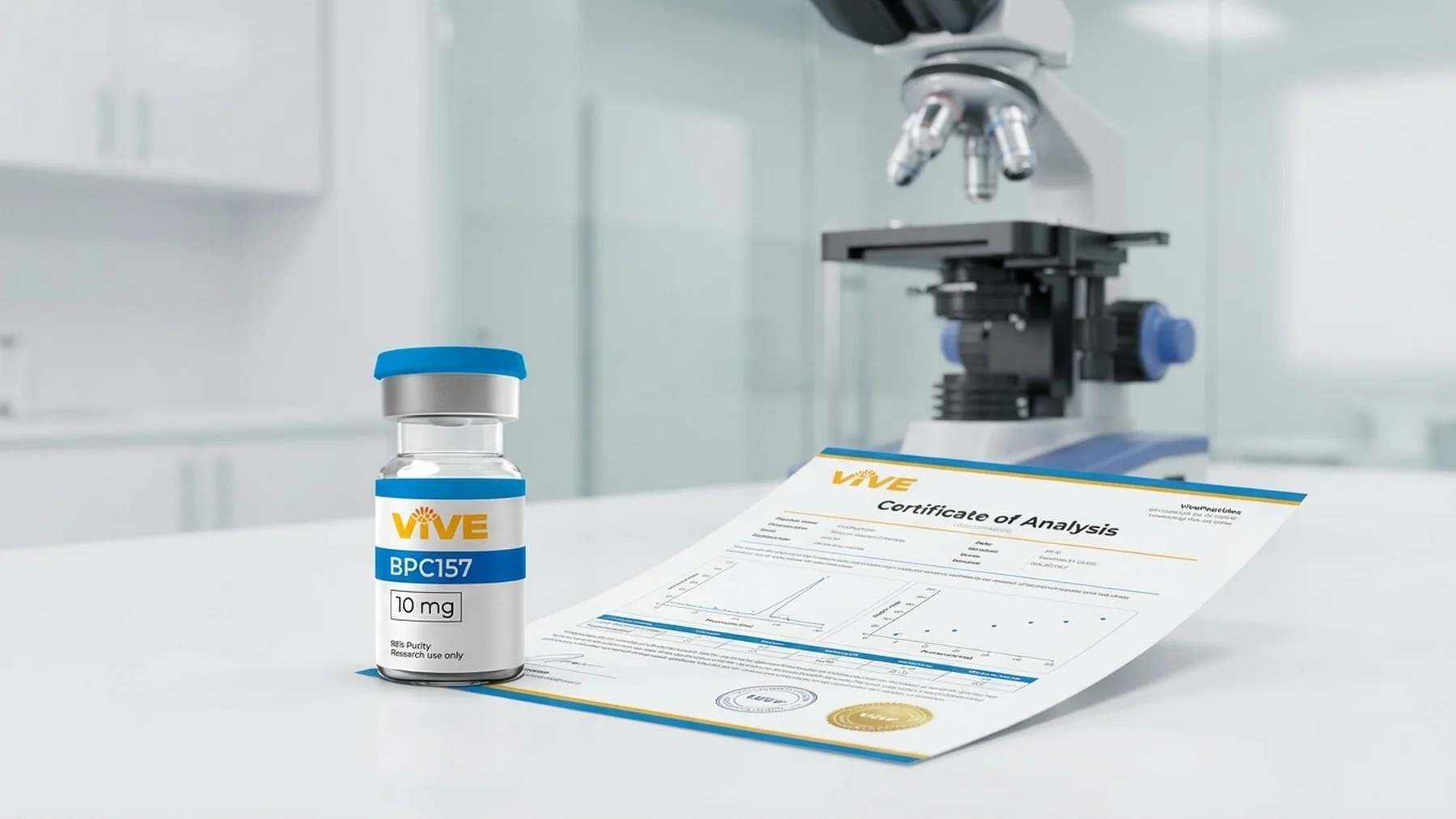 VivePeptides BPC-157 vial with certificate of analysis on lab surface