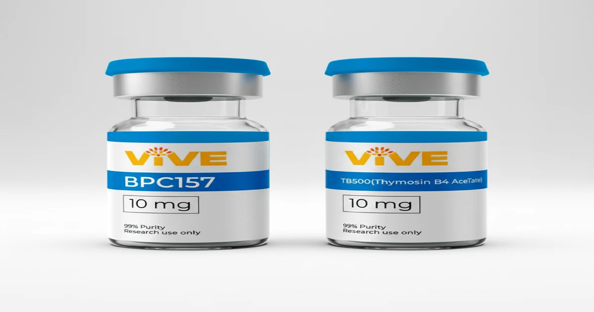 VivePeptides branded research vial in a professional laboratory setting for peptide research