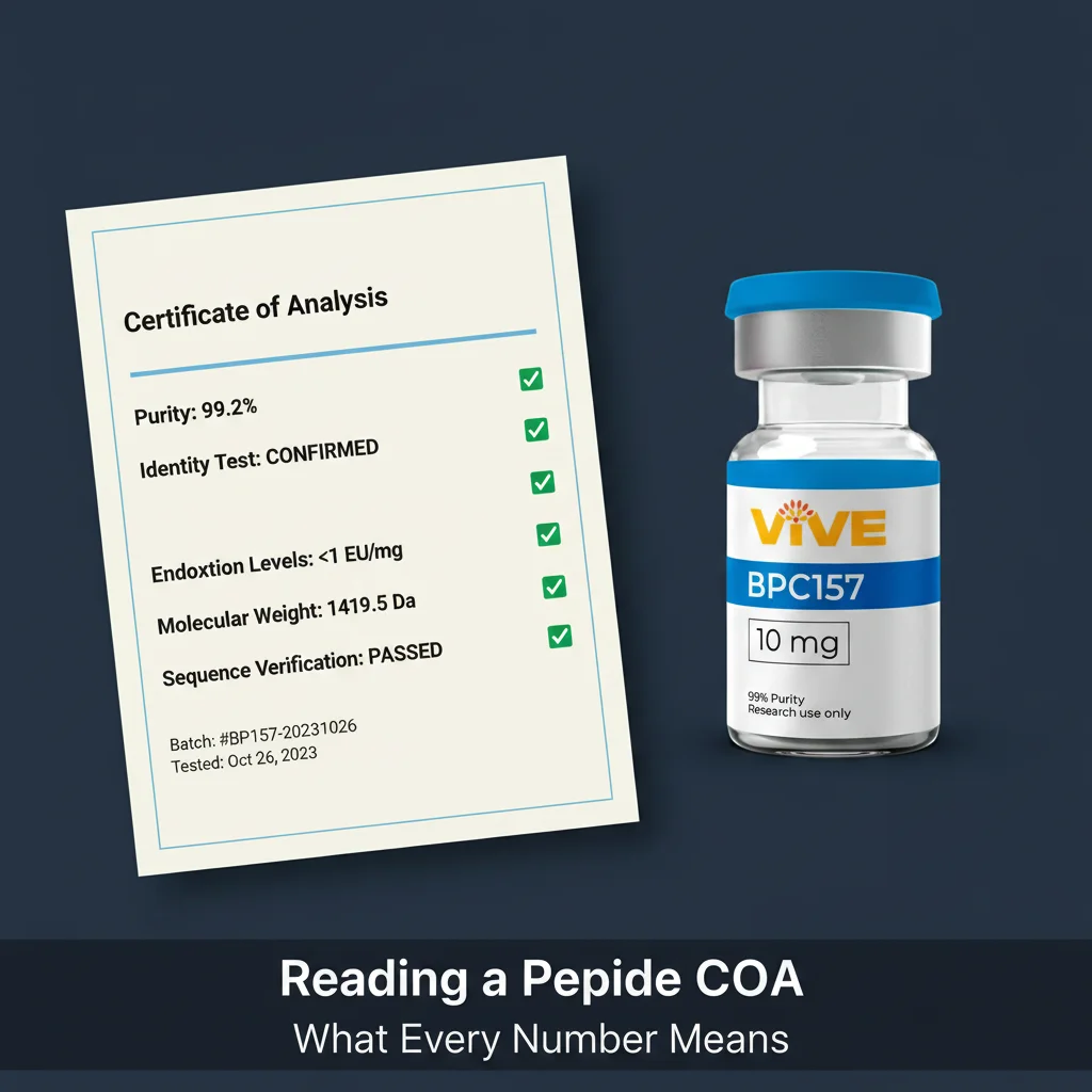 Annotated diagram of a peptide COA document showing HPLC graph, mass spectrometry result, purity percentage, and batch number sections