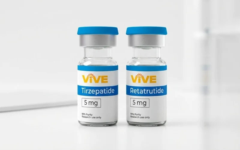 Tirzepatide vs Retatrutide comparison - two VivePeptides research vials side by side