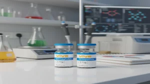 VivePeptides branded research vials in a professional laboratory setting - best peptides for weight loss research