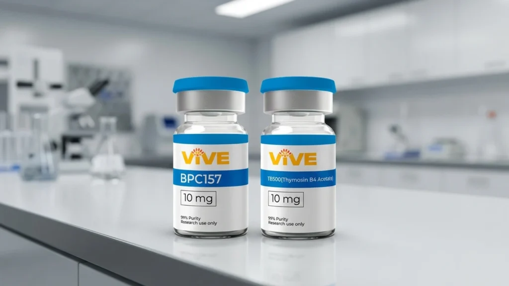 VivePeptides BPC-157 and TB-500 research vials side by side in a laboratory setting