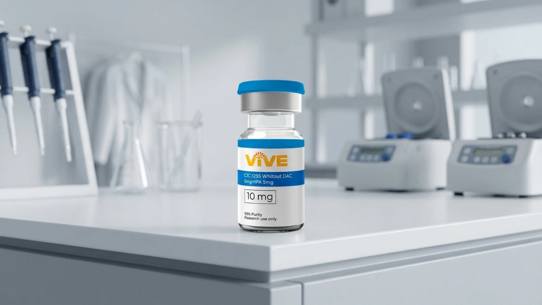 VivePeptides branded research vials for CJC-1295 with DAC and without DAC side by side in a laboratory setting