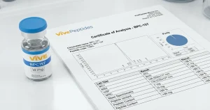 VivePeptides Certificate of Analysis document in a professional laboratory research setting