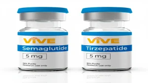 Two VivePeptides research vials labeled Semaglutide and Tirzepatide in a laboratory research setting