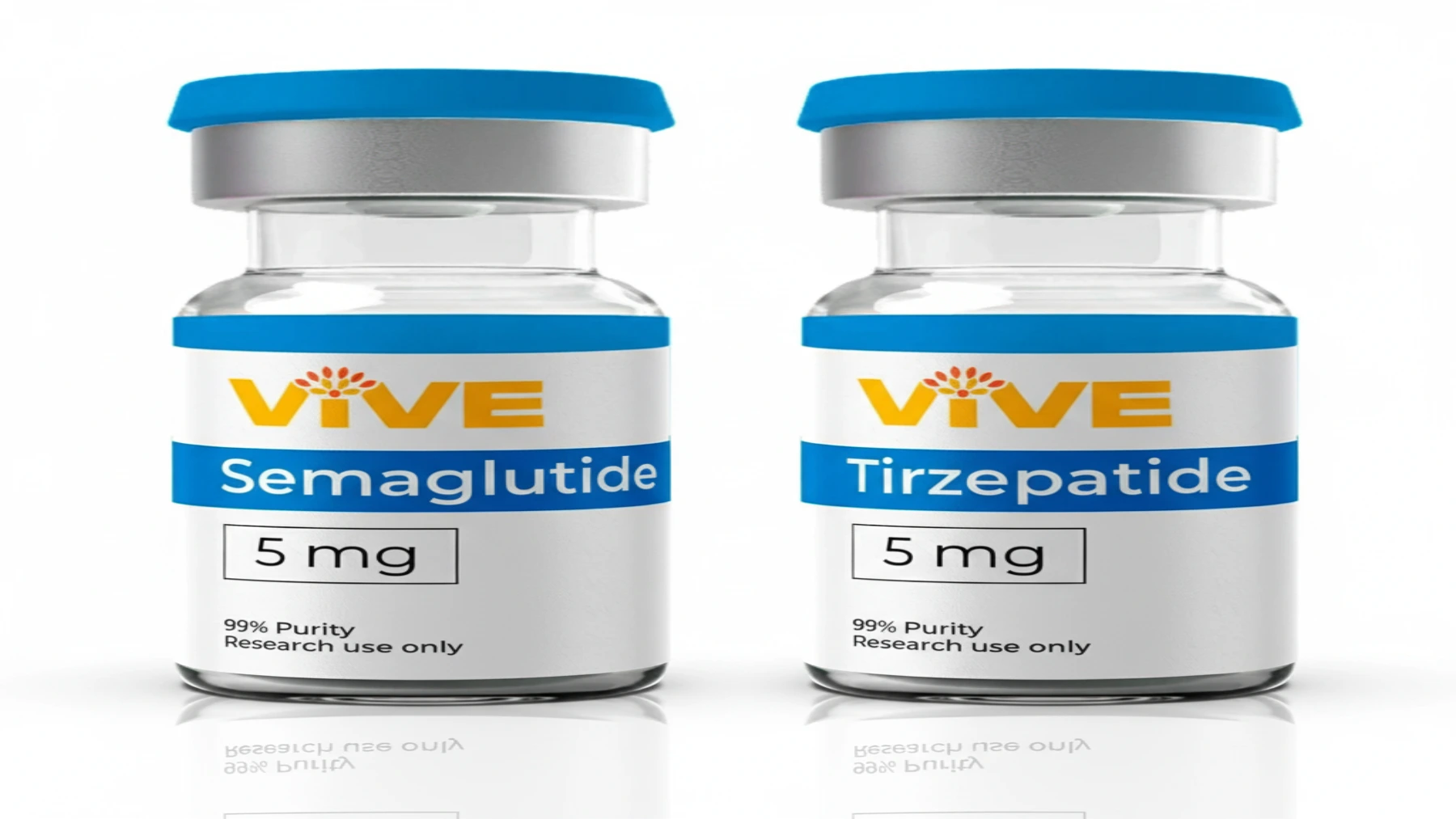 Two VivePeptides research vials labeled Semaglutide and Tirzepatide in a laboratory research setting