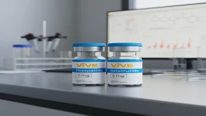 VivePeptides research vials for tirzepatide and retatrutide comparison in lab setting