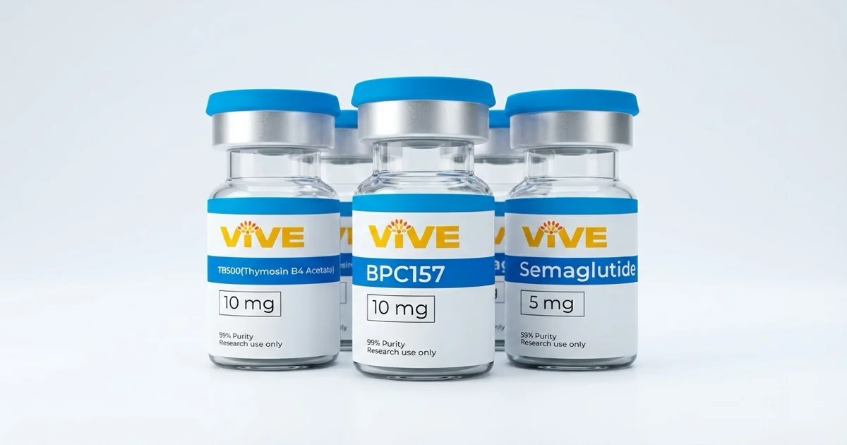 VivePeptides branded research peptide vials in a professional laboratory setting
