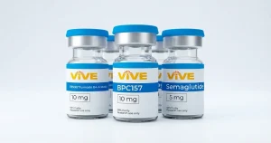 VivePeptides branded research peptide vials in a professional laboratory setting