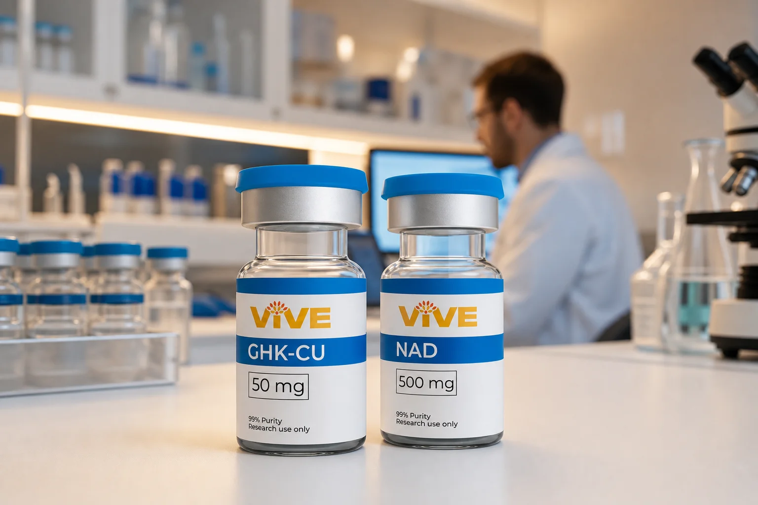 Research laboratory with peptide vials arranged on a clinical bench, illustrating the 6 best peptides for anti-aging research
