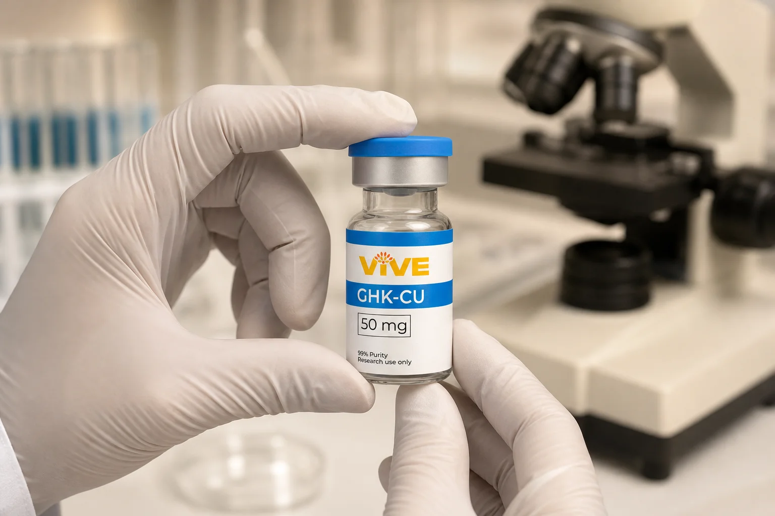 Gloved researcher examining a research-grade peptide vial under soft clinical laboratory lighting with blurred microscopy equipment in the background, illustrating anti-aging peptide research