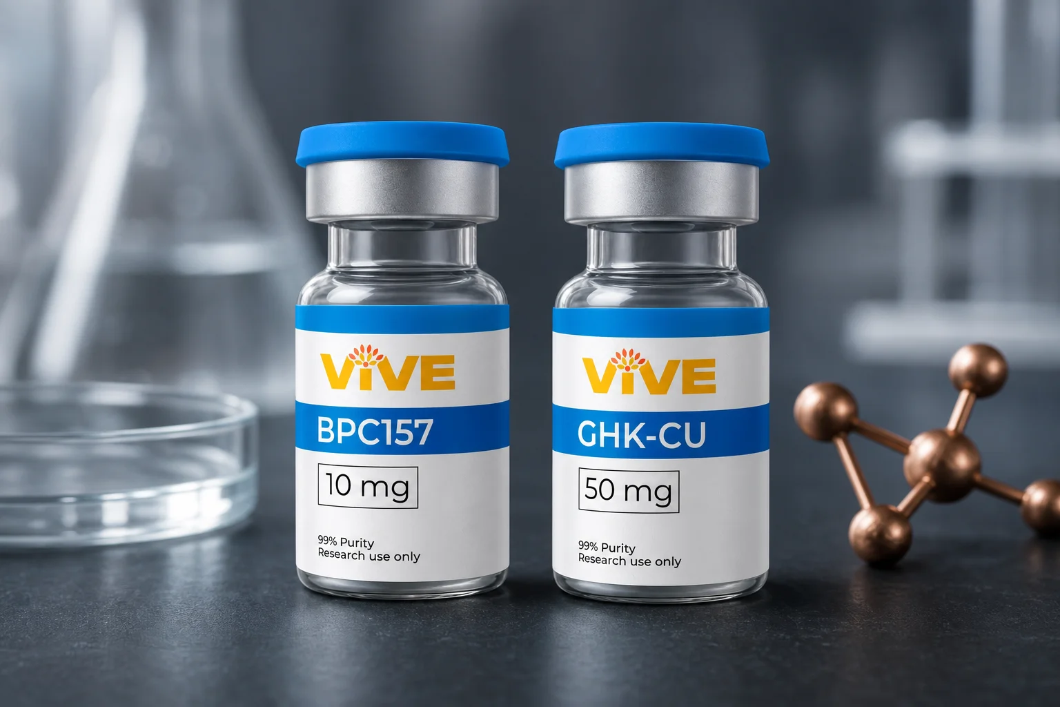 Two VivePeptides research vials representing BPC-157 vs GHK-Cu comparison in a laboratory setting