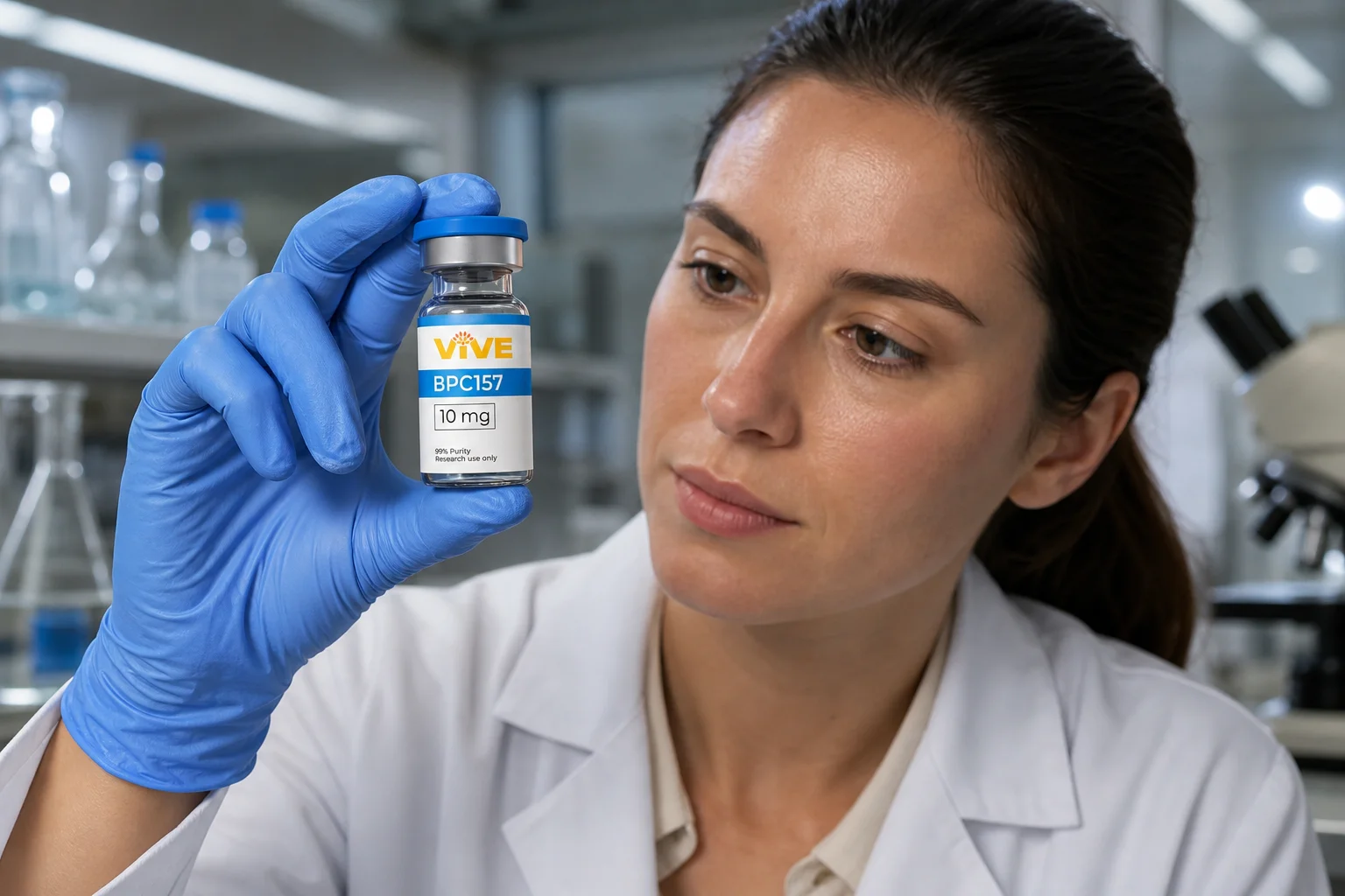 Research scientist reviewing peptide vials in a clean laboratory environment, BPC-157 and GHK-Cu compounds on a stainless steel bench under precise lighting