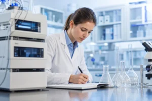 Analytical laboratory with HPLC and liquid chromatography equipment used to verify peptide quality and purity