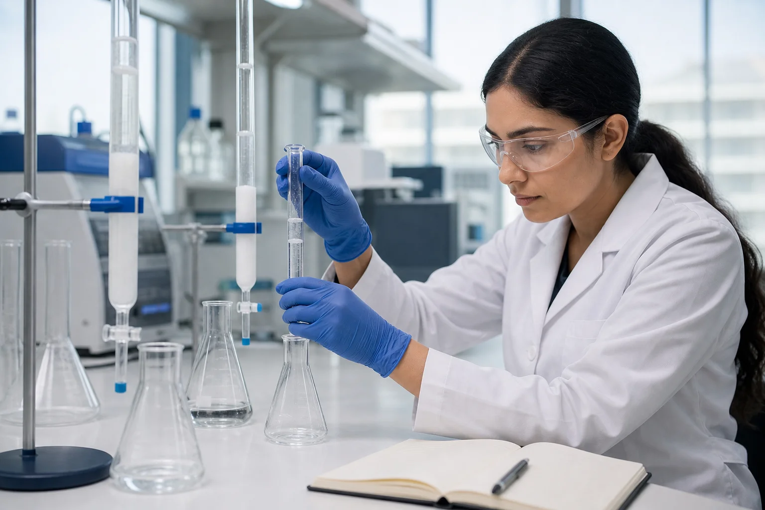 Analytical laboratory setting with HPLC equipment, chromatography columns, and precision scientific glassware arranged on a clean stainless steel bench under professional lab lighting