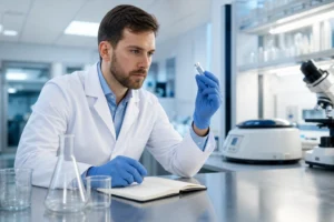 Research scientist examining peptide vials in a clinical laboratory setting representing ipamorelin vs sermorelin growth hormone secretagogue comparison research