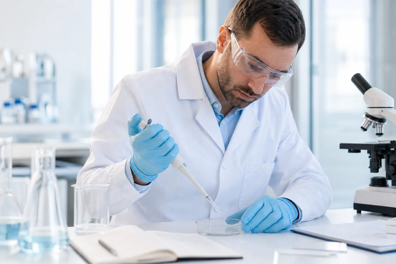 Research vials beside a scientific notebook and laboratory instruments on a clean white lab bench, illustrating peptide therapy research methodology for ipamorelin vs sermorelin comparison
