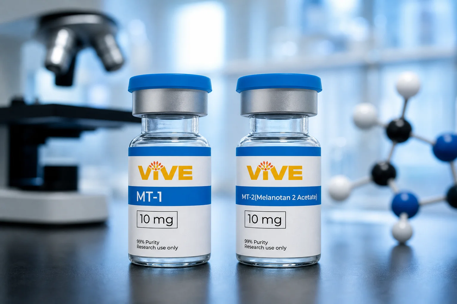 Two research peptide vials on a laboratory bench representing melanotan 1 vs melanotan 2 comparison