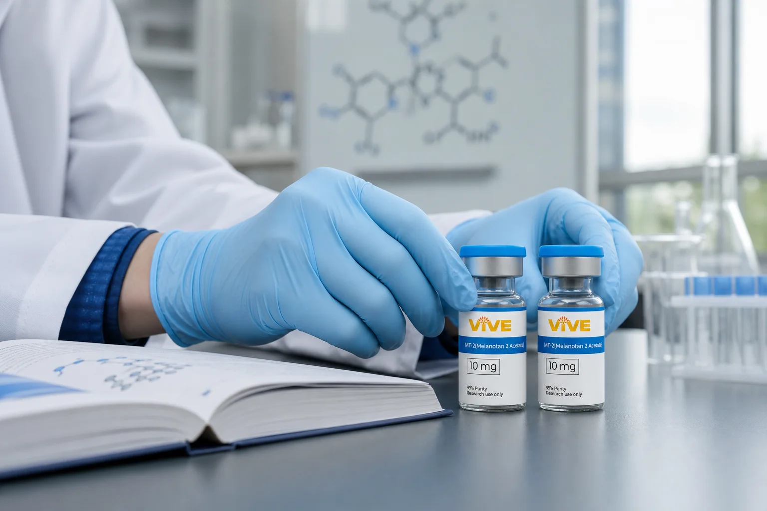 Two VivePeptides research vials positioned on a laboratory bench with molecular reference diagrams, editorial photography, natural lighting, no text or labels