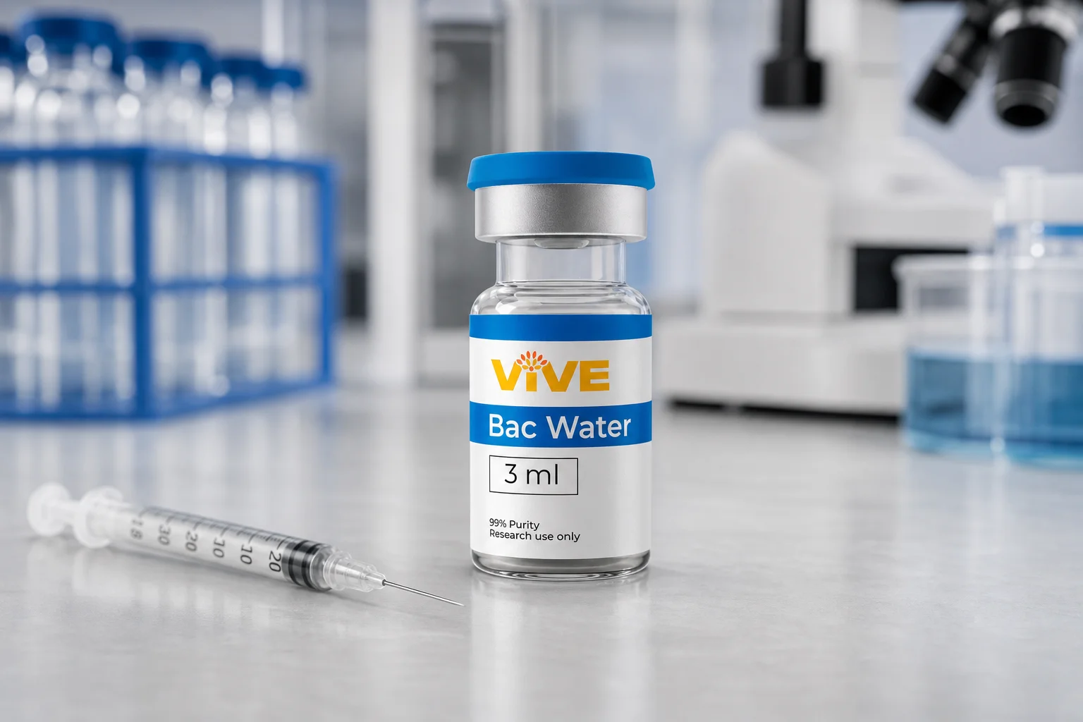 Laboratory bench with a peptide vial and bacteriostatic water prepared for reconstitution, illustrating the complete guide to reconstituting peptides with bacteriostatic water