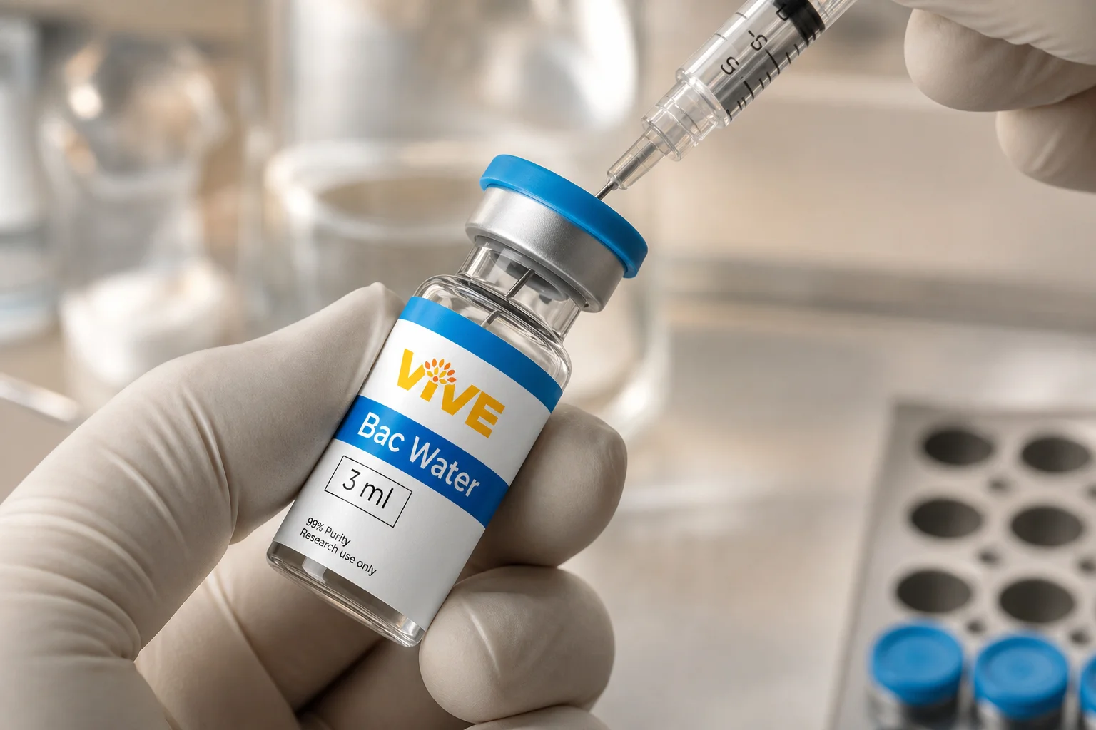 Gloved researcher reconstituting a peptide vial with bacteriostatic water using an insulin syringe in a clean laboratory setting