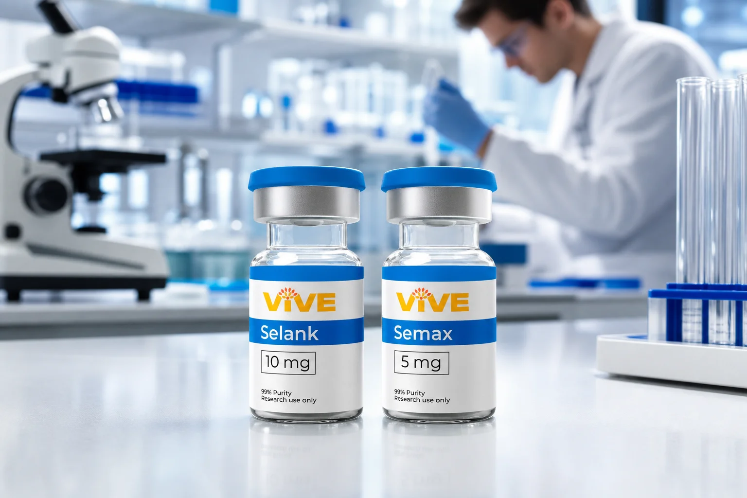 Two research peptide vials in a neuroscience laboratory representing selank vs semax comparison