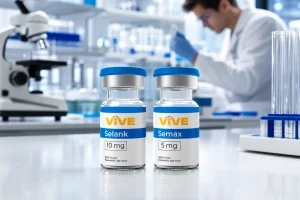 Two research peptide vials in a neuroscience laboratory representing selank vs semax comparison