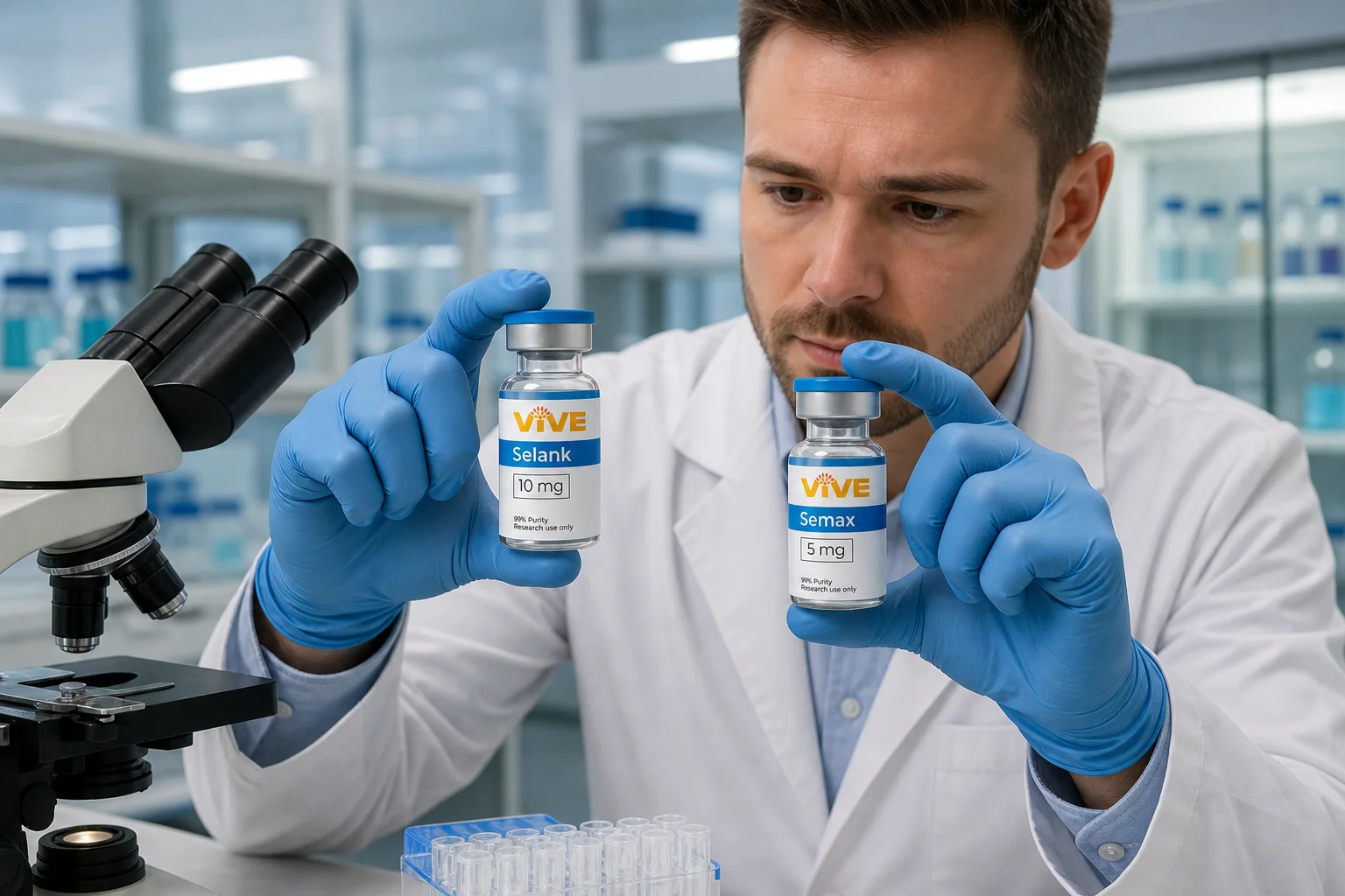 Researcher examining peptide vials in a laboratory setting for selank and semax cognitive research