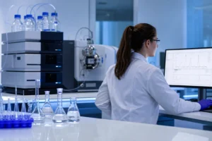 Analytical chemistry laboratory with HPLC equipment and peptide vials representing the VivePeptides 2026 purity benchmark report testing process
