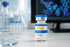 VivePeptides vial in a neuroscience research laboratory setting for what is PT-141 bremelanotide research guide